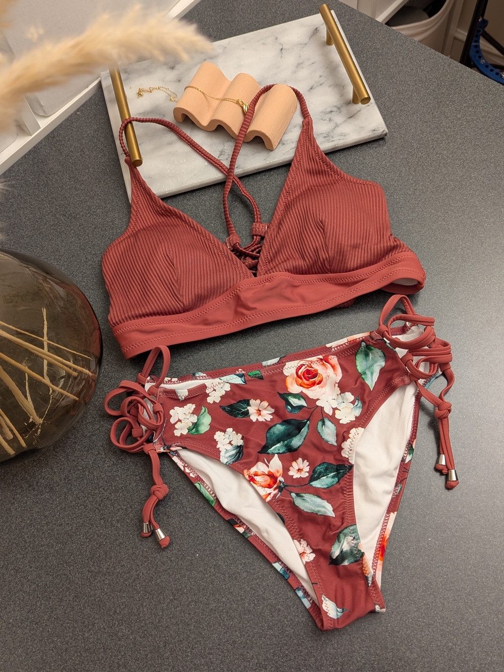 $5/each with Bundle 🔥 Cupshe Rosewood Ribbed Bikini w Floral Tie-Side Bottoms M